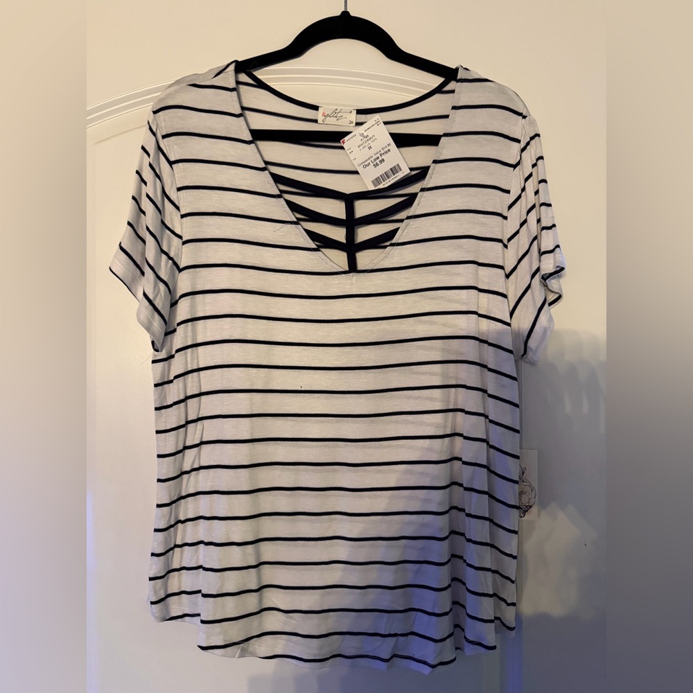 Glitz Black and White Striped V-Neck Top